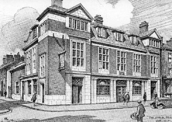 Pen drawing of a three-storey brick and stone corner building with tall gables, mullioned windows and a hanging sign, a few figures and a motor car in the street, captioned The Apple Tree, Carlisle