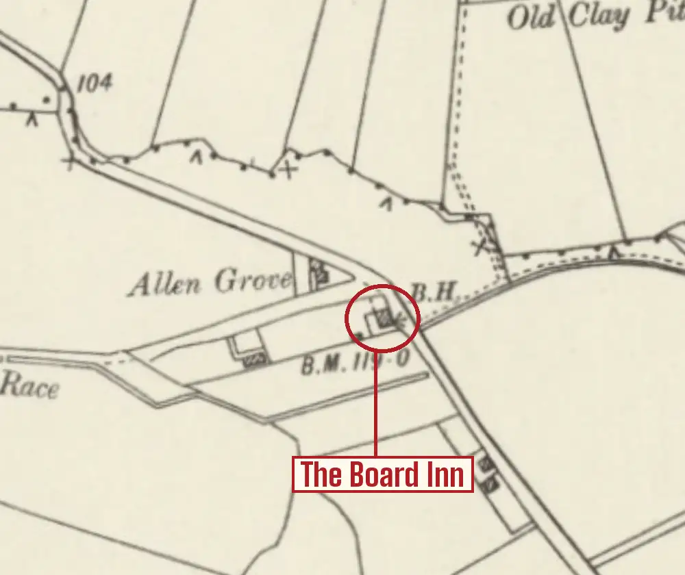 Old Ordnance Survey map of the hamlet of Allen Grove, with a red circle round a small building at a road junction marked B.H. for beerhouse, a red label reading The Board Inn, and the mill race to the west