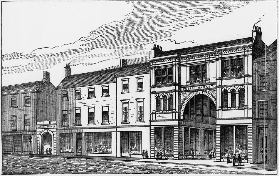 Engraving of a row of buildings on Scotch Street: on the left a plain archway lettered Butcher's Market, in the middle three-storey shops and houses, and on the right a tall ornamented frontage with a great round arch lettered Public Markets, with a few people on the pavement