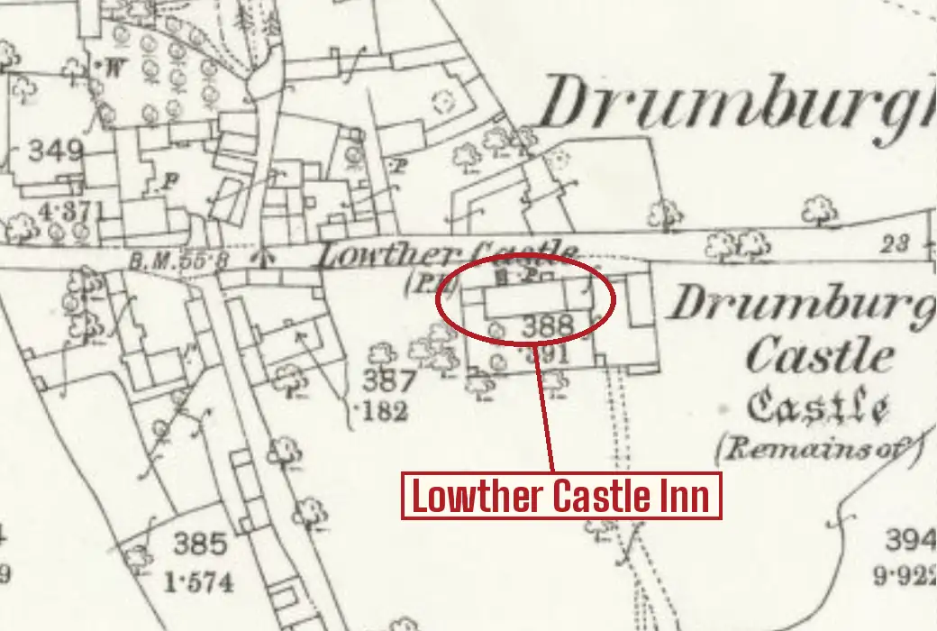 Old Ordnance Survey plan of Drumburgh village, with a red circle round a building on the south side of the main street labelled Lowther Castle (P.H.), a red label reading Lowther Castle Inn, and the remains of Drumburgh Castle marked to its right