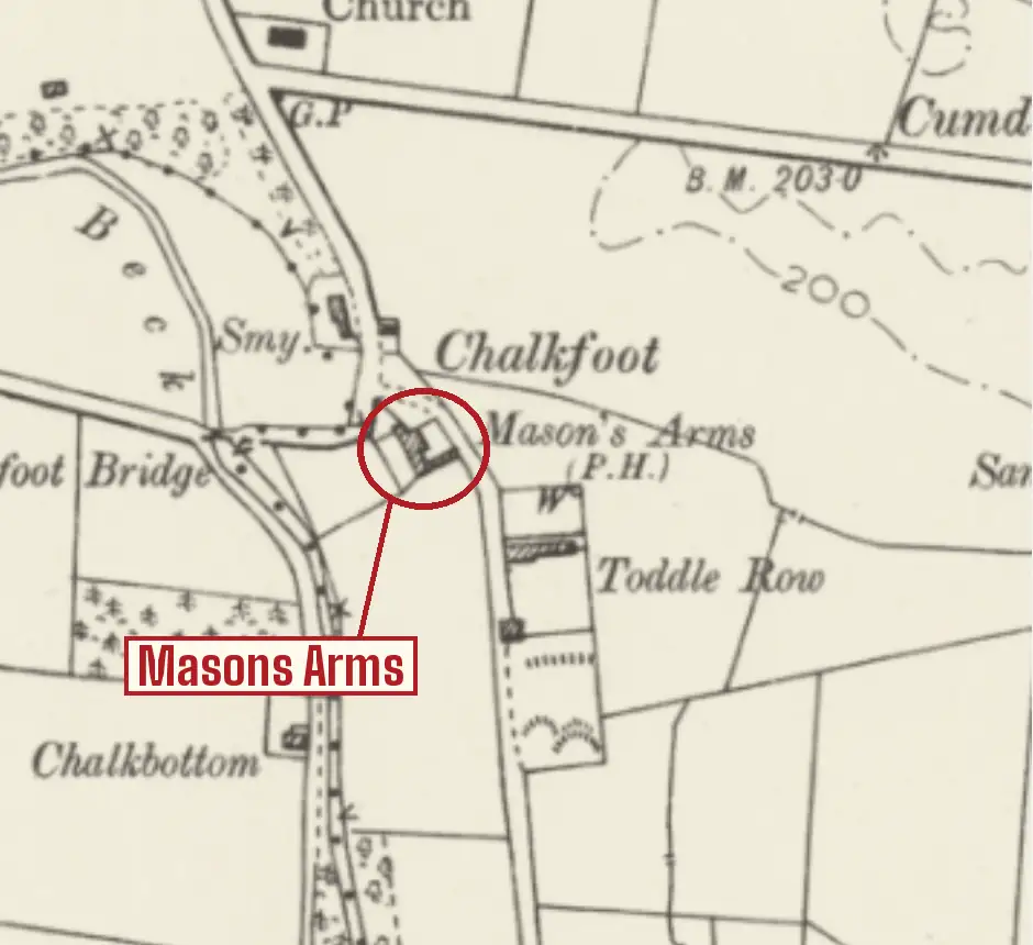 Old Ordnance Survey map of the hamlet of Chalkfoot, with Chalk Beck and Chalkfoot Bridge to the west, a red circle round a small building beside the road labelled Mason's Arms (P.H.), a red label reading Masons Arms, and Toddle Row and St John's Church nearby