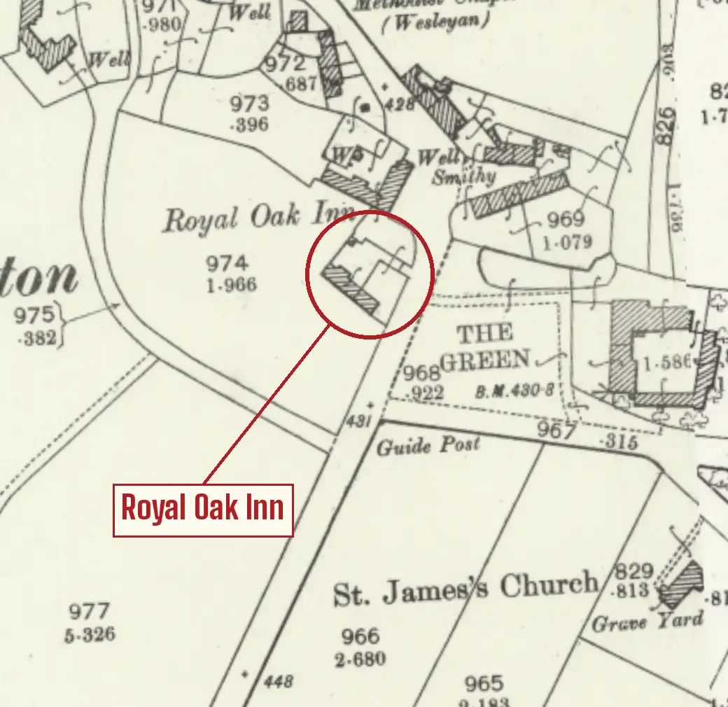 Old Ordnance Survey plan of Welton village, with a red circle round a building on the west side of the road just north of the green, a red label reading Royal Oak Inn, and St James's Church to the south