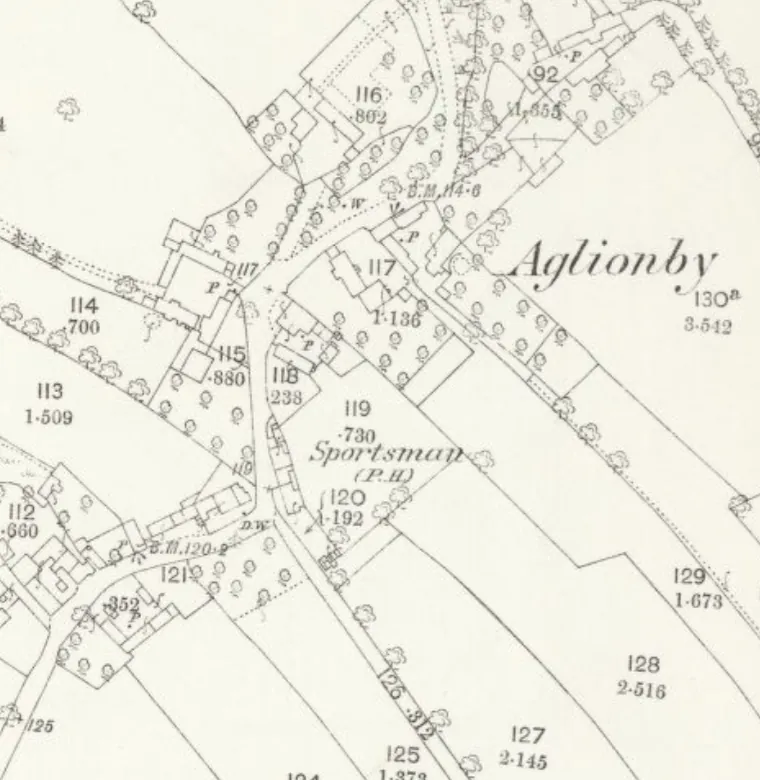 Detail of an old Ordnance Survey map of the hamlet of Aglionby, with farm buildings and gardens either side of a lane, and the words Sportsman (P.H.) beside the buildings on the lane running south