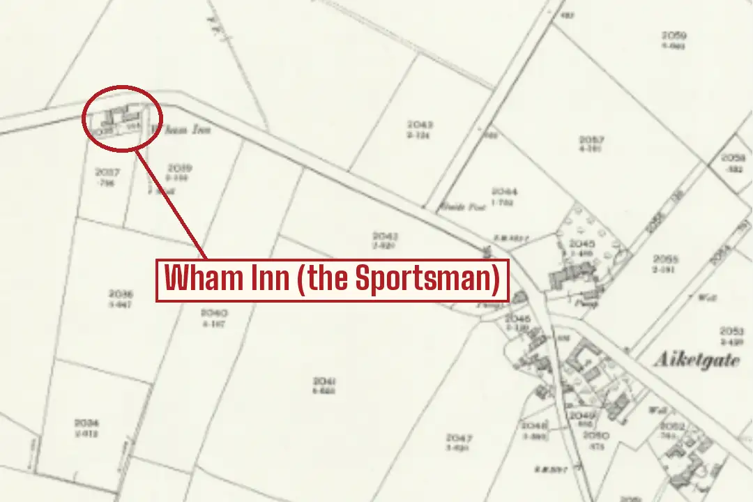 Old Ordnance Survey field map with a red circle round a small group of buildings at a road bend labelled W'ham Inn, a red label reading Wham Inn (the Sportsman), and the hamlet of Aiketgate to the south-east